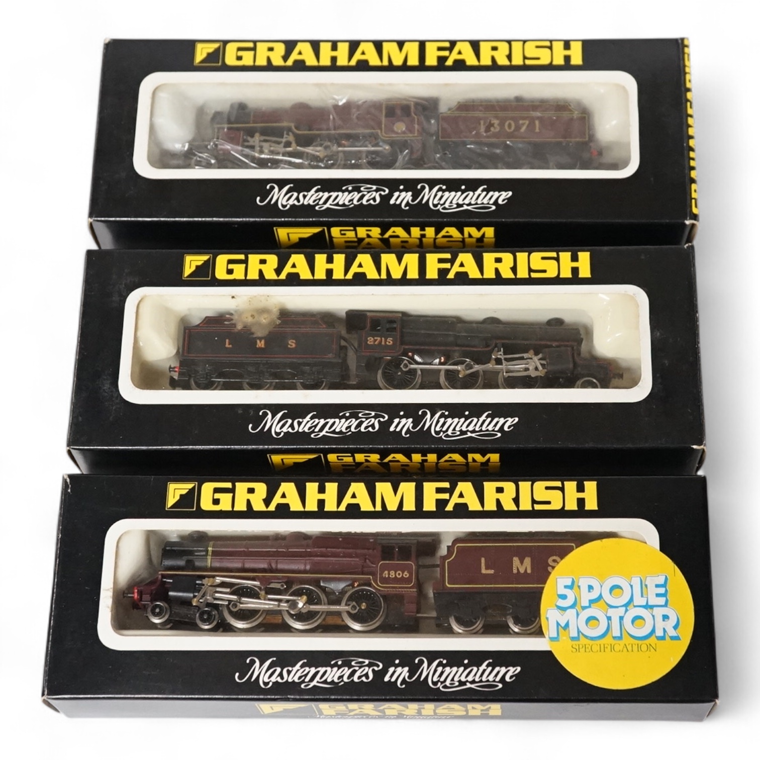 Three boxed Graham Farish N gauge railway LMS locomotives; two Crabs; 13071 (LE185A) and 2715 (1851), and Class Five 4806 (1806). Condition - good.